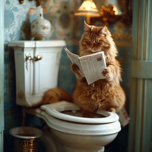 Cat reading newspaper on the toilet, funny bathroom poster