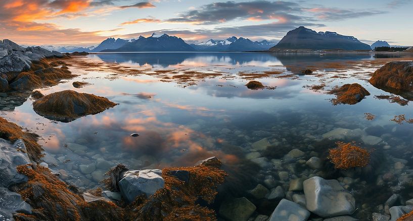 Reflexionen im ruhigen Ozeanwasser, Sonnenuntergangsstimmung von fernlichtsicht