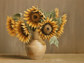 Zeitloses Stillleben mit Sonnenblumen in einer Keramikvase