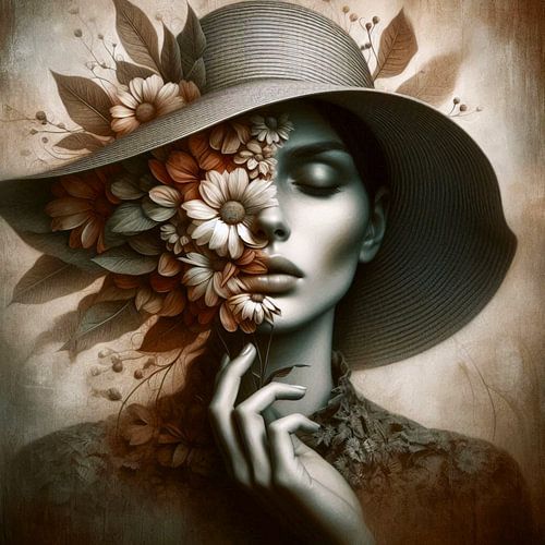 Portret van een vrouw met een hoed en bloemen