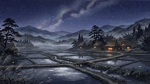 Mystieke Japanse rijstvelden onder een sterrenhemel in de bergen