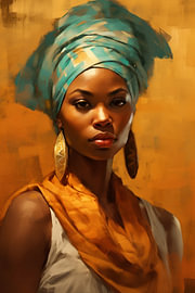 African woman wearing an ochre shawl against a gold background by Steinfox Art