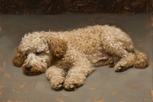 Schilderij van slapende hond in impressionistische stijl
