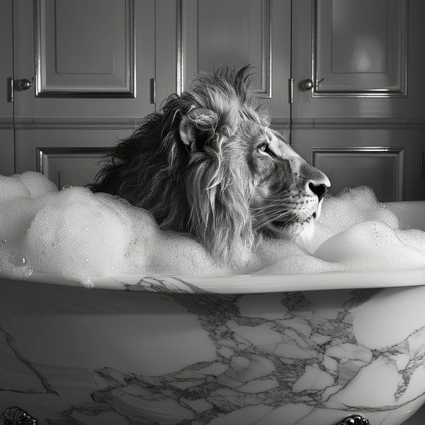 Majestic lion in the bathtub - an impressive work of bathroom art for your WC by Poster Art Shop