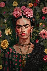 Fridas digitale Blumenkrone – Pixelkunst-Porträt für Retro-Kunst Enthusiasten und Sammler von Poster Art Shop