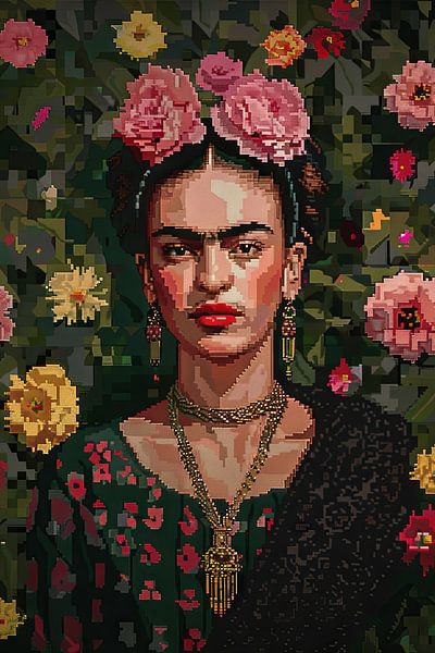 Frida's digital flower crown - pixel art portrait for retro art enthusiasts and collectors by Poster Art Shop