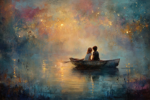 Children in Boat at Evening Light - Dreamy Painting