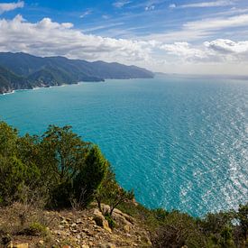 Panoramic view of all 5 villages of the Cinque Terre in Italy on sunny day by Robert Ruidl