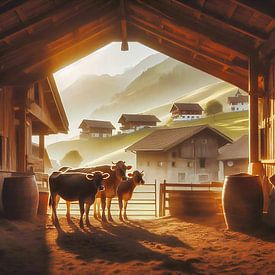 Cows in the barn in a mountain village by Digital Art Nederland