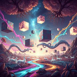 Surreal Landscape with Cubes, Deer, and Multicolored River by Markus Gann