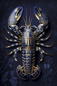 Lobster Luxe - Homard chic en bleu foncé avec style bleu de Delft doré