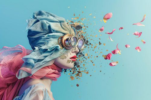 Surrealistisch Portret van een Vrouw -  Dromerig en Retrofuturistisch Kunstwerk