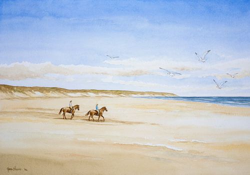 Two horsemen on the beach of Texel. Watercolour landscape.