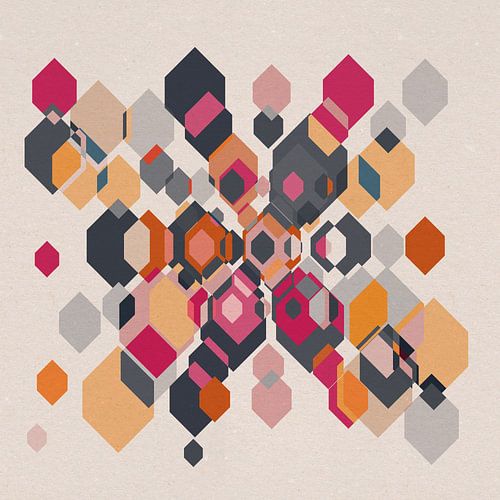 Kleurrijke 70s retro geometrische abstractie in geel, blauw en donkerroze