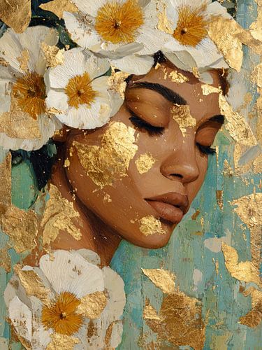 Frau mit weißen Blumen und Gold – Luxuriöse moderne Wanddekoration