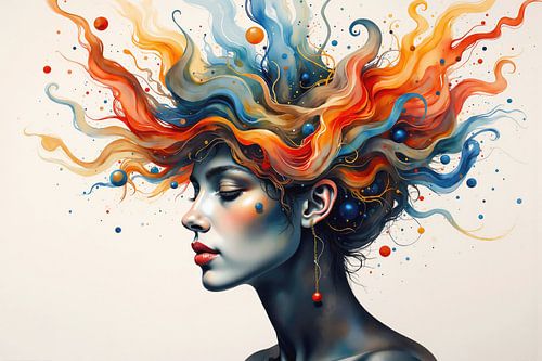 Vrouw met kleurrijk golvend haar die creativiteit en verbeelding uitdrukt