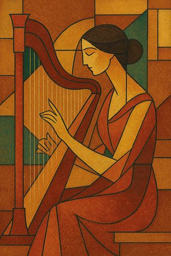 Een geometrische illustratie van een harpist.