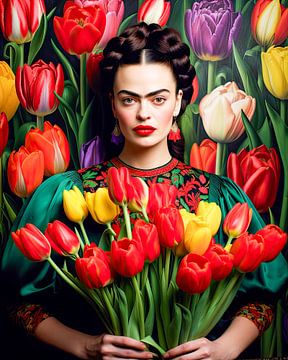 Porträt Frida mit Tulpenfeld von Vlindertuin Art