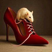 Red women's pump with mouse