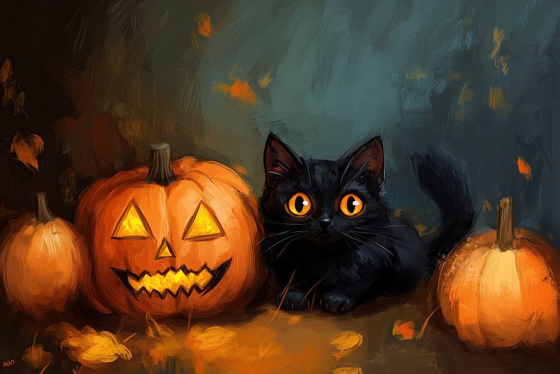 Photo d'automne d'un chat noir à côté d'une citrouille d'Halloween