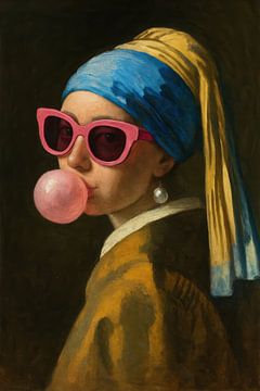 Girl with retro-style pearl earring and chewing gum