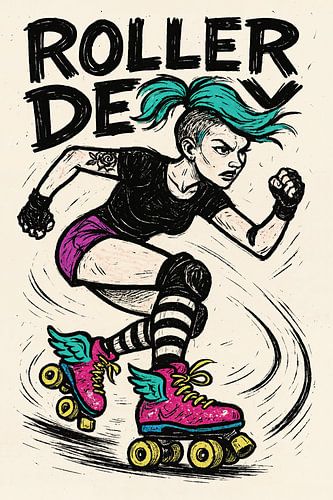 Roller Derby Rebel (punker, stoer, rolschaatsen, sport, poster, tattoo, speels, brutaal, vrouwensport)
