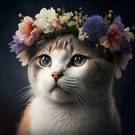 Die Schönheit der Katze: Eingehüllt in eine Girlande aus Blumen von Vlindertuin Art