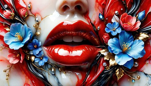 Fragment van verleiding - Een gemarmerd gezicht tussen bloemen, goud en vergankelijkheid