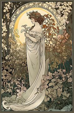 Vrouw in weelderige tuin, stijl Alphonse Mucha van Jan Bechtum