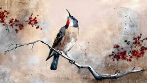 Aquarell eines japanischen Vogels auf einem Zweig mit Beeren. Serie Japandi Stil