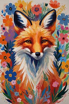 Renard avec des fleurs à l'aquarelle sur De Muurdecoratie