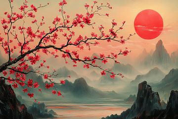 spirituele schilderkunst japans landschap met rijzende zon van Egon Zitter