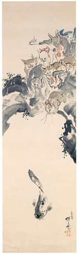 Kawanabe Kyōsai - Cats catching a catfish