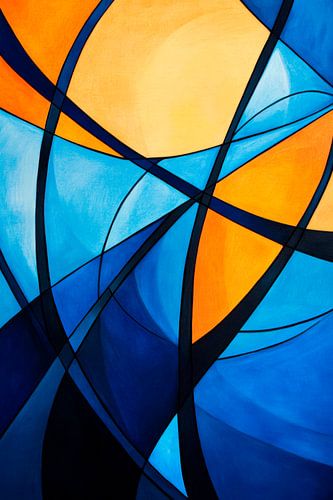 Abstracte compositie in blauw en oranje