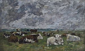 Kudde koeien onder een stormachtige lucht, Eugène Boudin, jaren 1880 van Atelier Liesjes