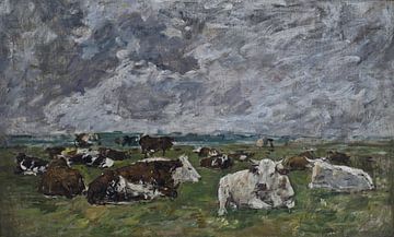 Troupeau de vaches sous un ciel orageux, Eugène Boudin, années 1880 sur Atelier Liesjes