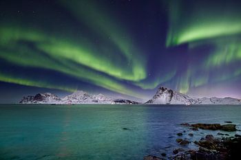 Nordlicht am Strand von Storsandnes auf den Lofoten, Norwegen