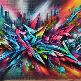 Farbige Graffiti Kunst auf der Ziegelmauer mit Skyline von Segaspics