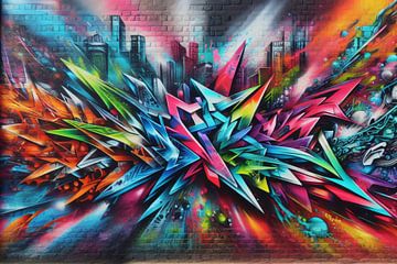 Graffiti coloré sur un mur de briques avec skyline