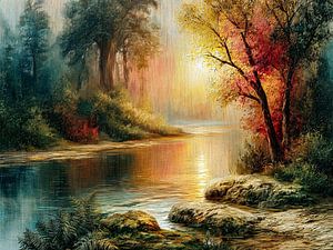 Paysage fluvial baigné par la douce lumière du soleil couchant