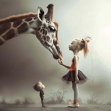 Charmante Illustratie van een Giraffe met Twee Kinderen in Zachte Kleuren van Karina Brouwer