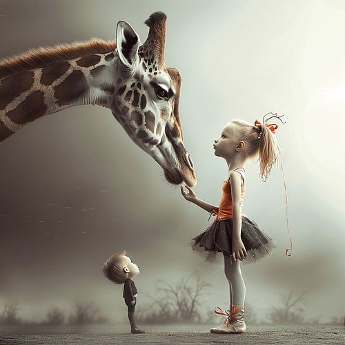 Charming Illustration of a Giraffe with Two Children in Soft Colours