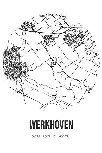 Werkhoven (Utrecht) | Map | Black and white by Prints of Place