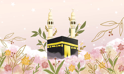 Kaaba Holy Site with Minarets and Floral Clouds Illustration