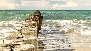 Ins Meer ragende Buhnen. Aufgenommen in Zingst, auf dem Darß. Die Perspektive ist auf den Horizont g