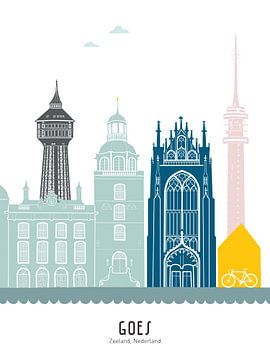Skyline illustration city of Goes in color by Mevrouw Emmer