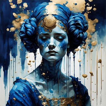 Priestess portrait in dark blue and gold by Anouk Maria