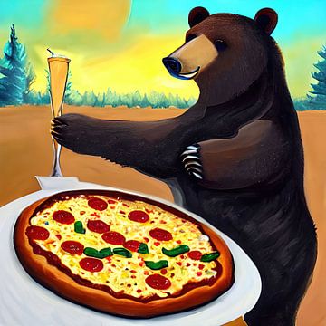 Beer eet pizza en drinkt schilderij van Laly Laura