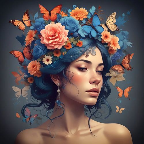 Portret van een vrouw met vlinders en bloemenkrans