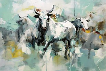 Cows Hiking | Expressionstisch Schilderij van Studio Blikvangers